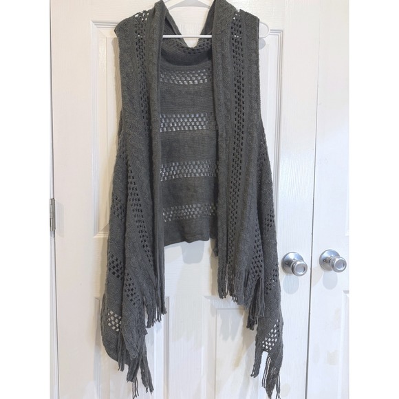 Hooded Fringe Vest Open Knit Sleeveless Cardigan Shawl Cover Up - Picture 1 of 3